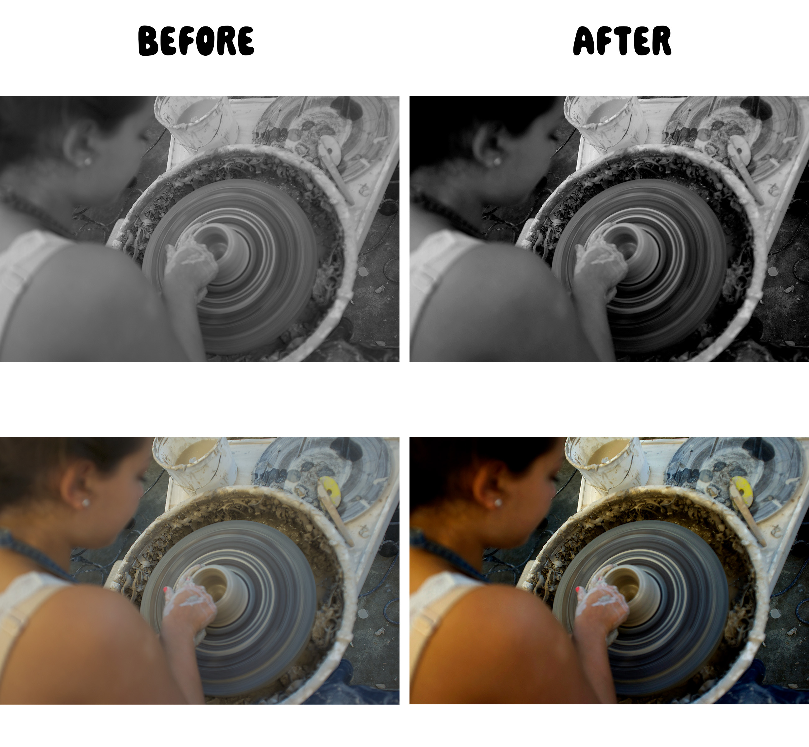 Pottery before and after Photoshop Levels adjustment