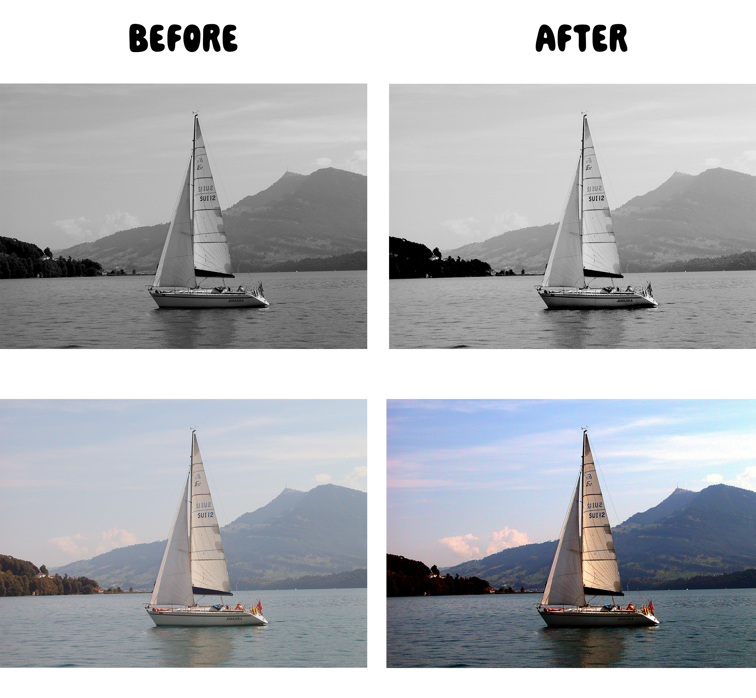 Sailboat before and after Photoshop Levels adjustment